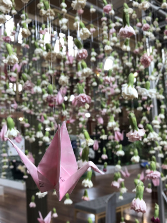 Pink Rain by Love Alice & Co made from carnations and paper cranes